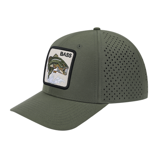 Bass 6-Panel Microfiber Laser Hole Trucker Hat with Olive front and Olive back