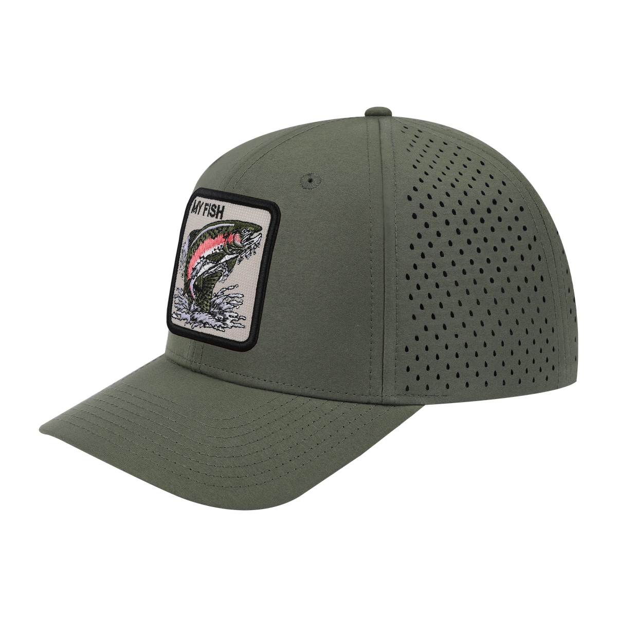 Unisex Embroidered The My Fish, 6-Panel Microfiber Laser hole Trucker Hat, Olive Green/Olive Green, Adjustable Fit
