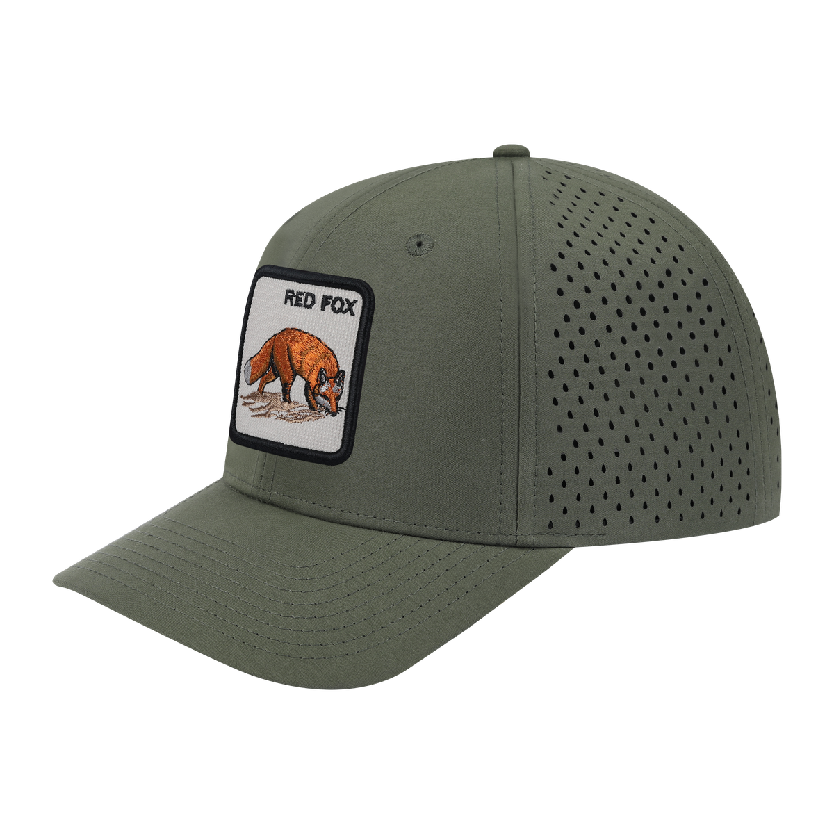 Unisex Embroidered The Red Fox, 6-Panel Microfiber Laser hole Trucker Hat, Olive Green/Olive Green, Adjustable Fit