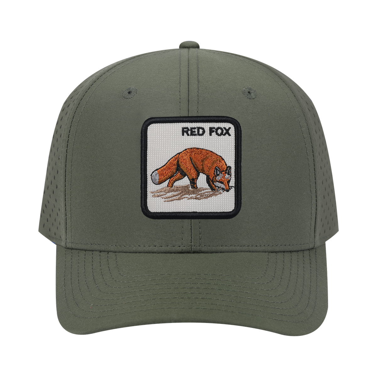 Unisex Embroidered The Red Fox, 6-Panel Microfiber Laser hole Trucker Hat, Olive Green/Olive Green, Adjustable Fit