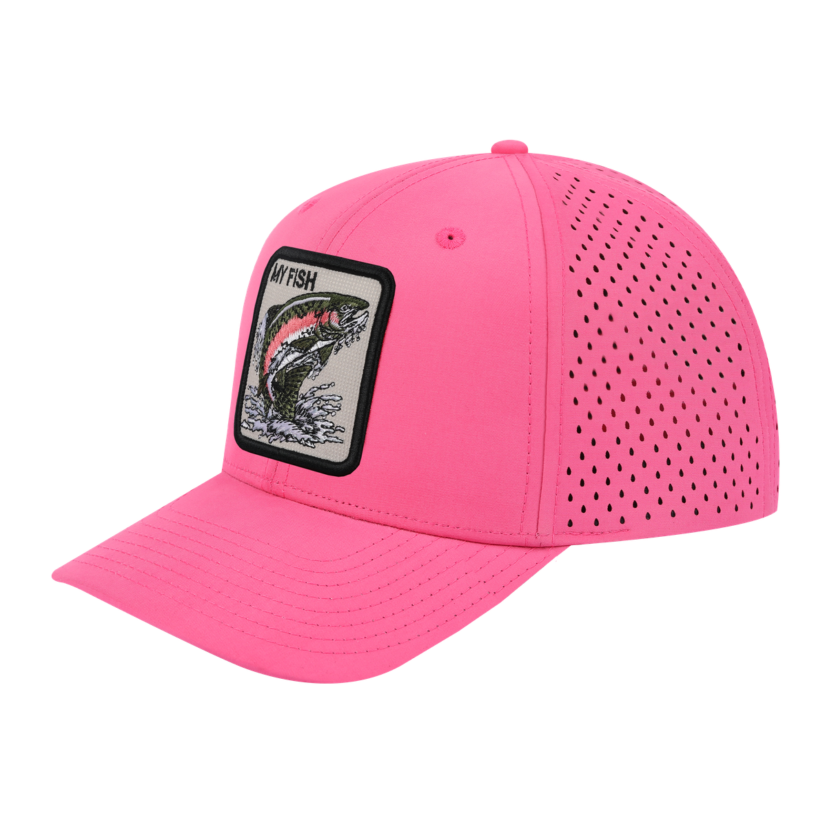 Unisex Embroidered The My Fish, 6-Panel Microfiber Laser hole Trucker Hat, Pink/Pink, Adjustable Fit