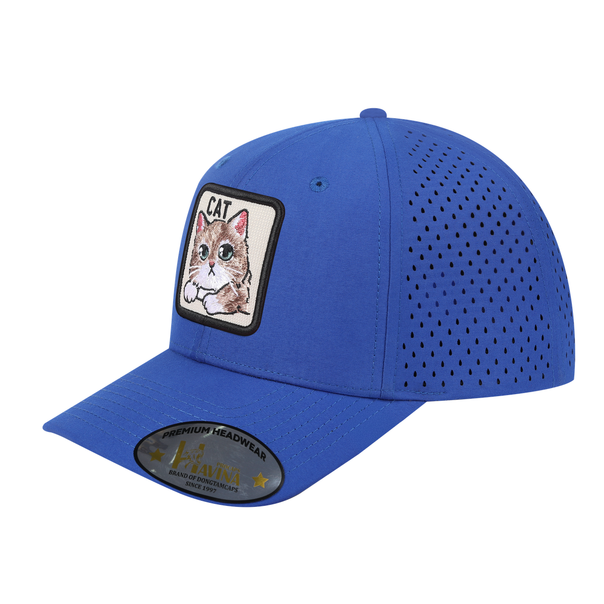 Unisex Embroidered The Cat, 6-Panel Microfiber Laser hole Trucker Hat, Royal Blue/Royal Blue, Adjustable Fit
