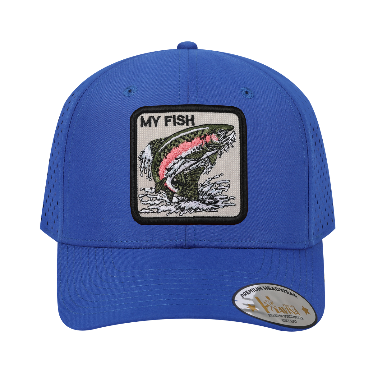 Unisex Embroidered The My Fish, 6-Panel Microfiber Laser hole Trucker Hat, Royal Blue/Royal Blue, Adjustable Fit