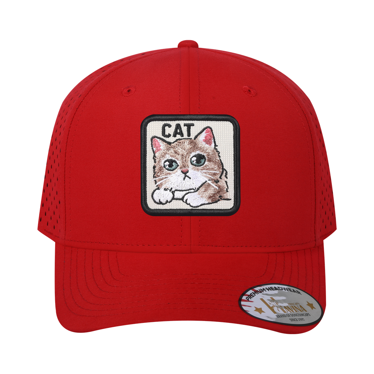 Unisex Embroidered The Cat, 6-Panel Microfiber Laser hole Trucker Hat, Red/Red, Adjustable Fit