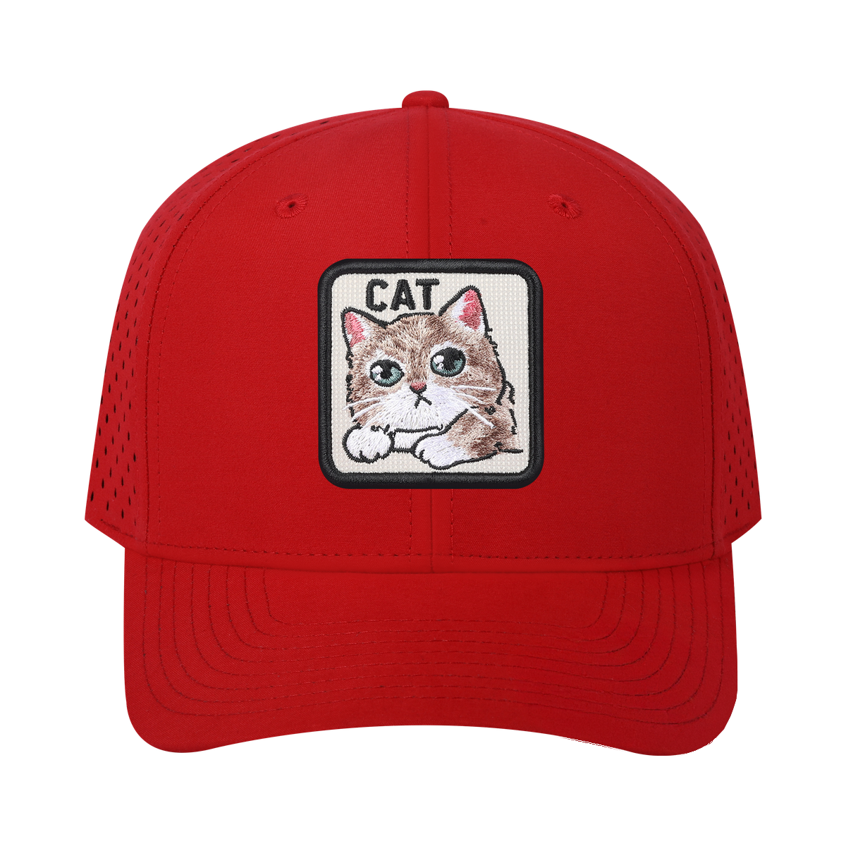 Unisex Embroidered The Cat, 6-Panel Microfiber Laser hole Trucker Hat, Red/Red, Adjustable Fit