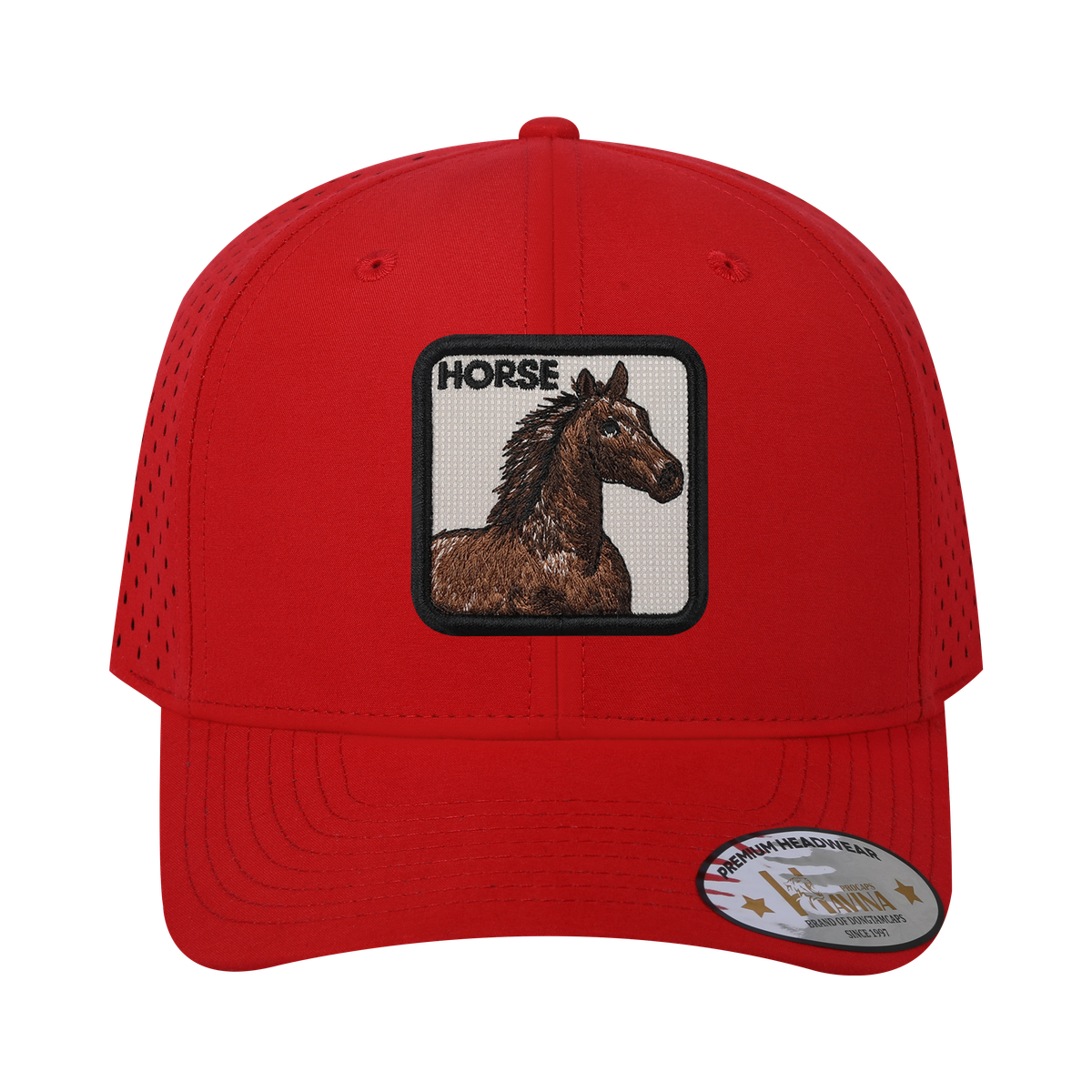 Unisex Embroidered The Horse, 6-Panel Microfiber Laser hole Trucker Hat, Red/Red, Adjustable Fit