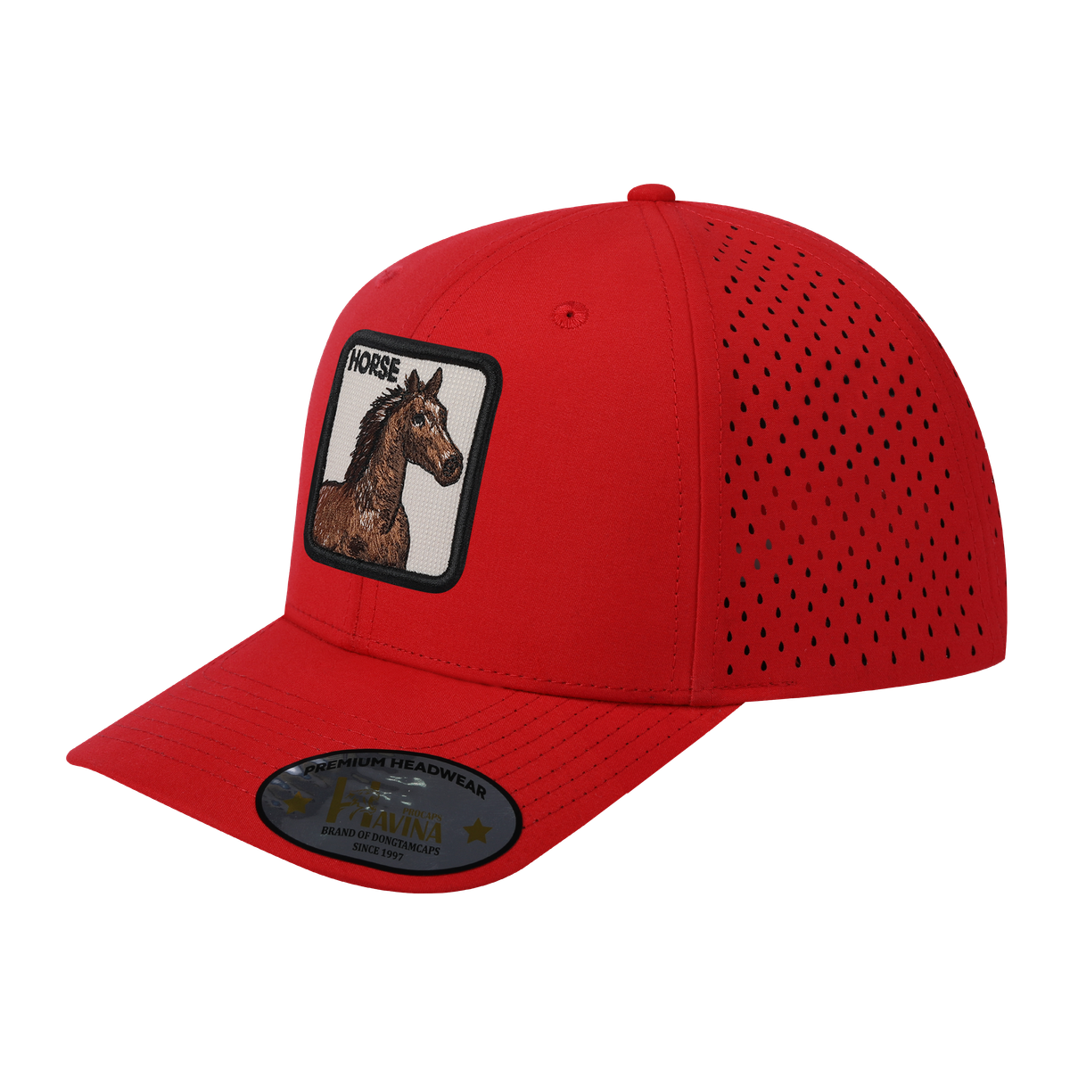 Unisex Embroidered The Horse, 6-Panel Microfiber Laser hole Trucker Hat, Red/Red, Adjustable Fit