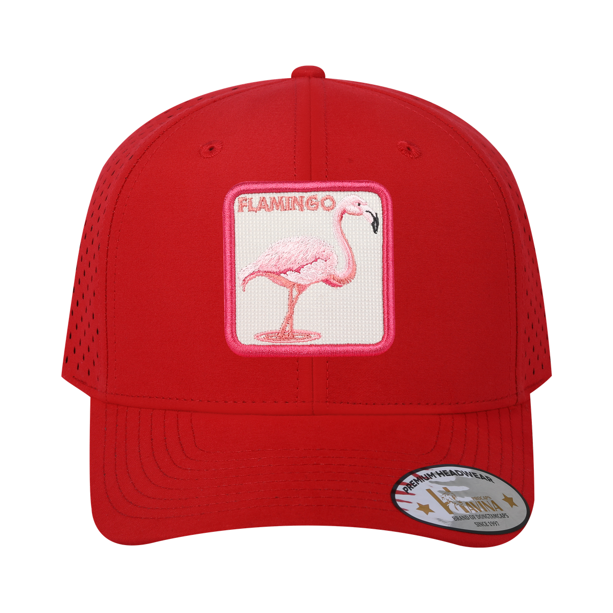 Unisex Embroidered The Flamingo, 6-Panel Microfiber Laser hole Trucker Hat, Red/Red, Adjustable Fit