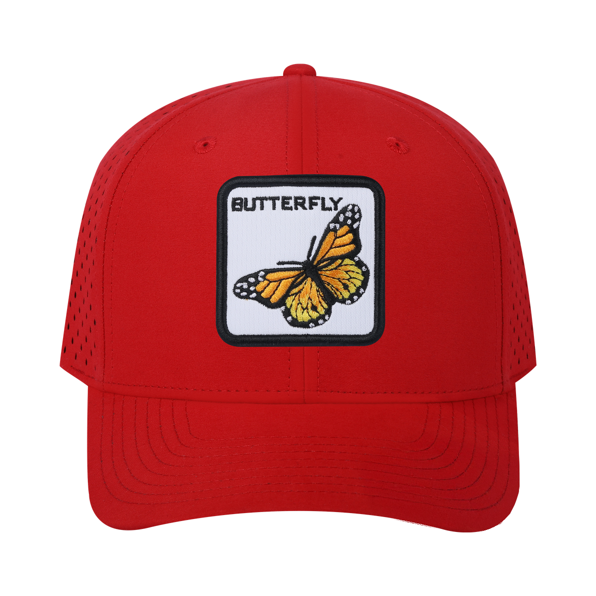 Unisex Embroidered The Butterfly, 6-Panel Microfiber Laser hole Trucker Hat, Red/Red, Adjustable Fit