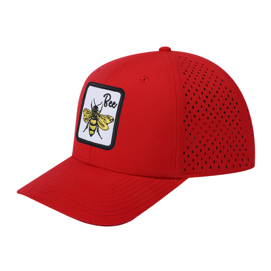 Bee 6-Panel Microfiber Laser Hole Trucker Hat with Red front and Red back