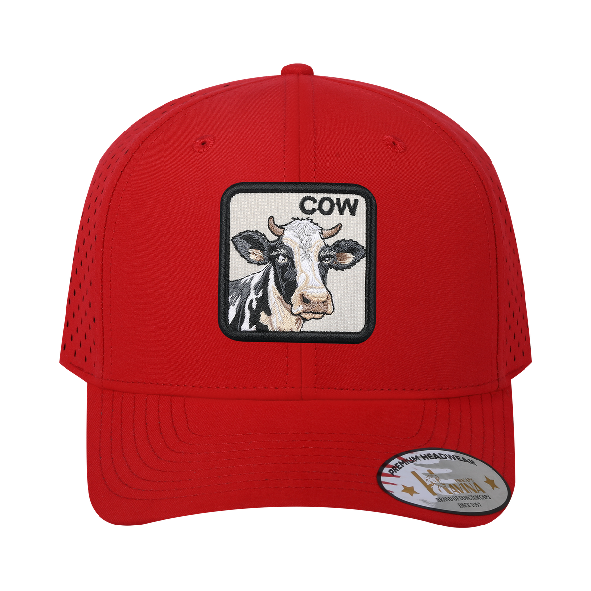 Unisex Embroidered The Cow, 6-Panel Microfiber Laser hole Trucker Hat, Red/Red, Adjustable Fit