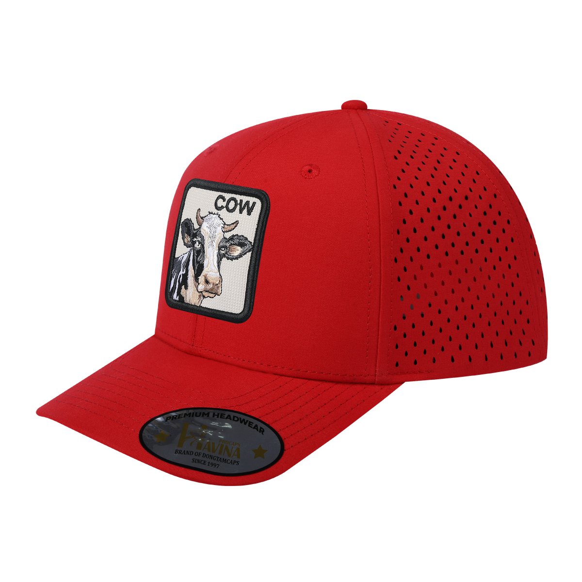Unisex Embroidered The Cow, 6-Panel Microfiber Laser hole Trucker Hat, Red/Red, Adjustable Fit