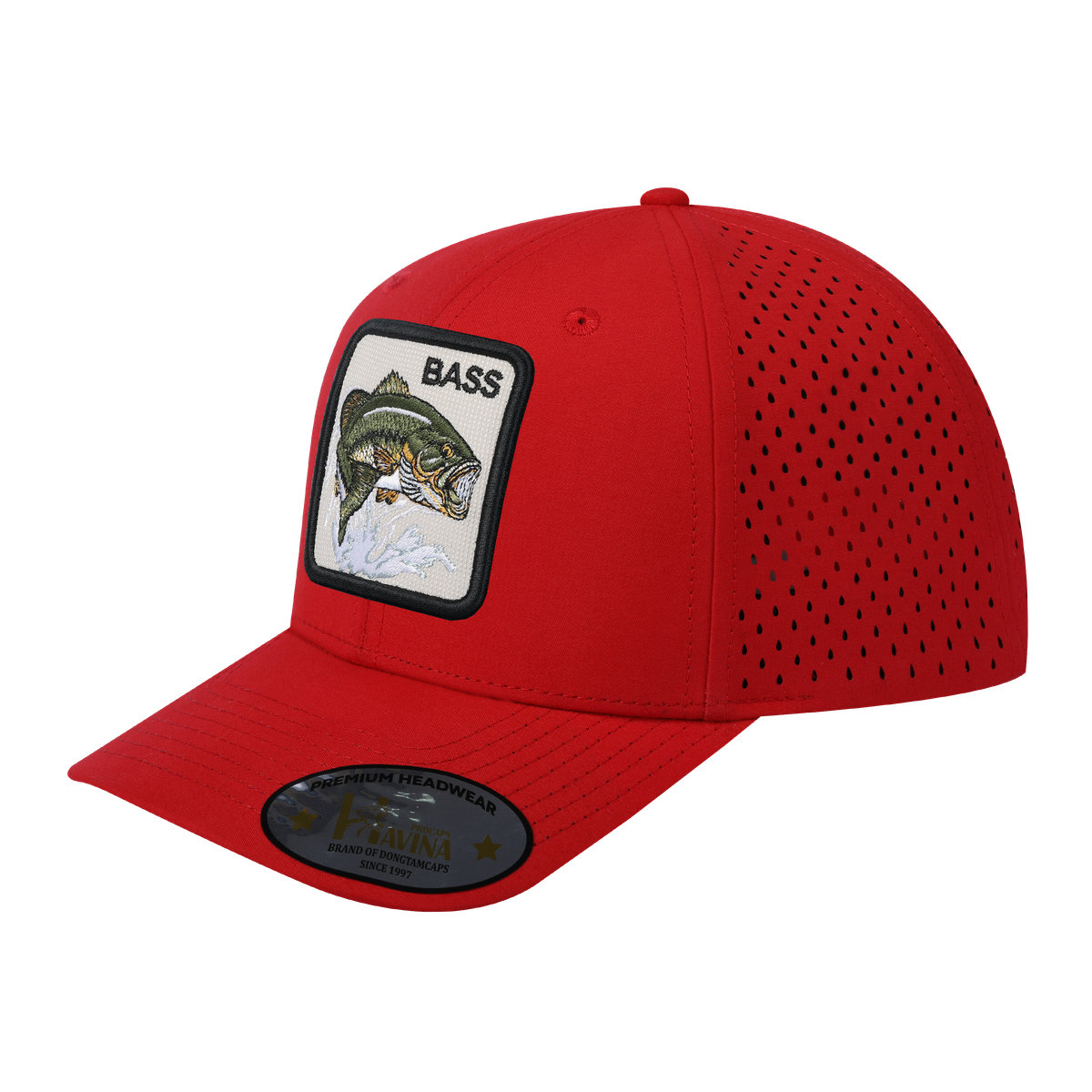 Unisex Embroidered The Bass, 6-Panel Microfiber Laser hole Trucker Hat, Red/Red, Adjustable Fit