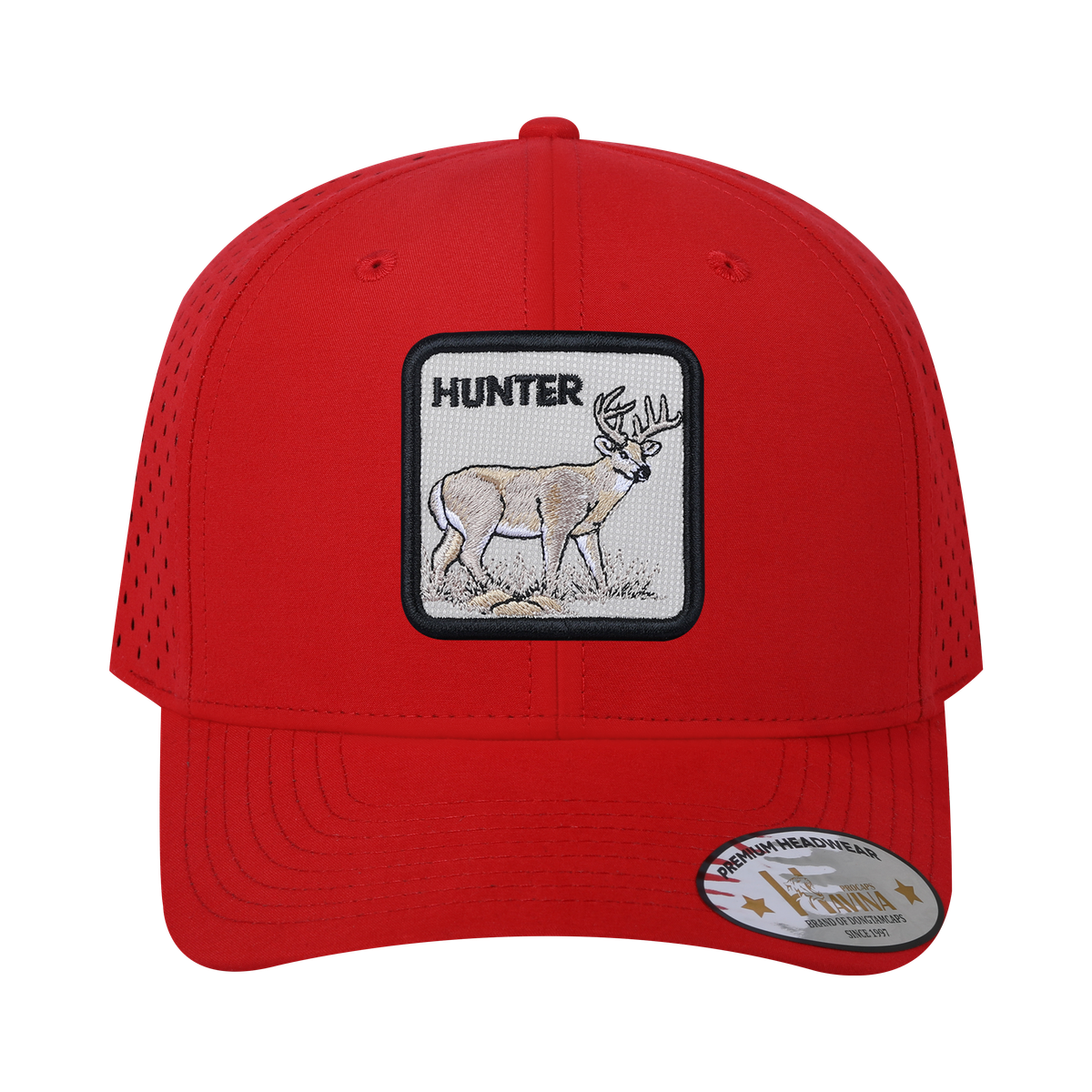 Unisex Embroidered The Hunter, 6-Panel Microfiber Laser hole Trucker Hat, Red/Red, Adjustable Fit