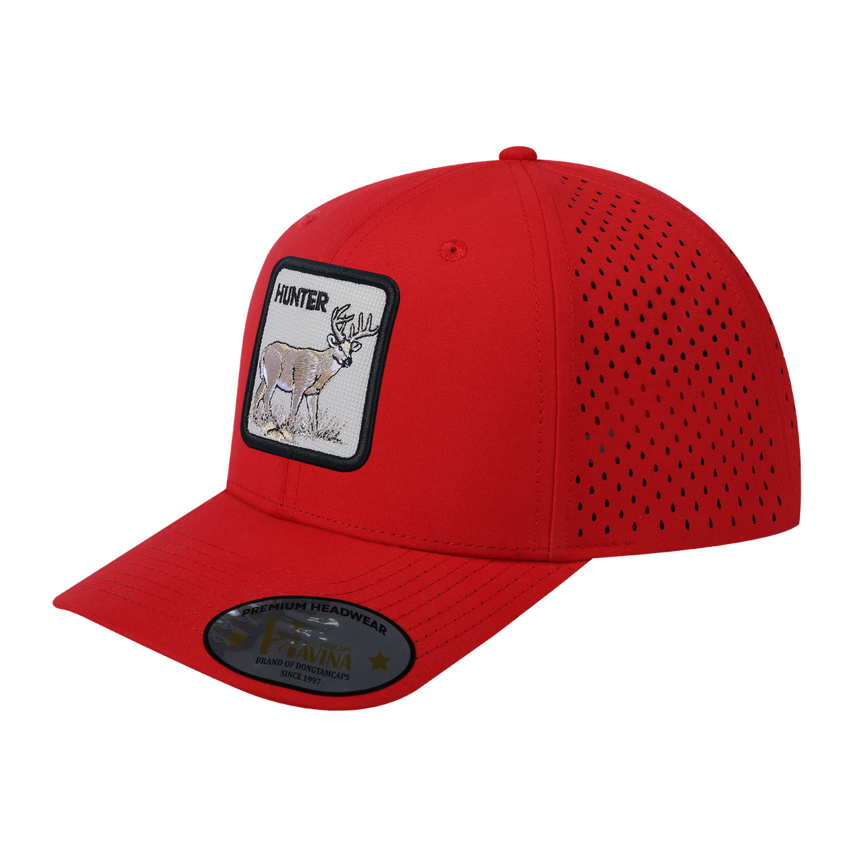 Unisex Embroidered The Hunter, 6-Panel Microfiber Laser hole Trucker Hat, Red/Red, Adjustable Fit