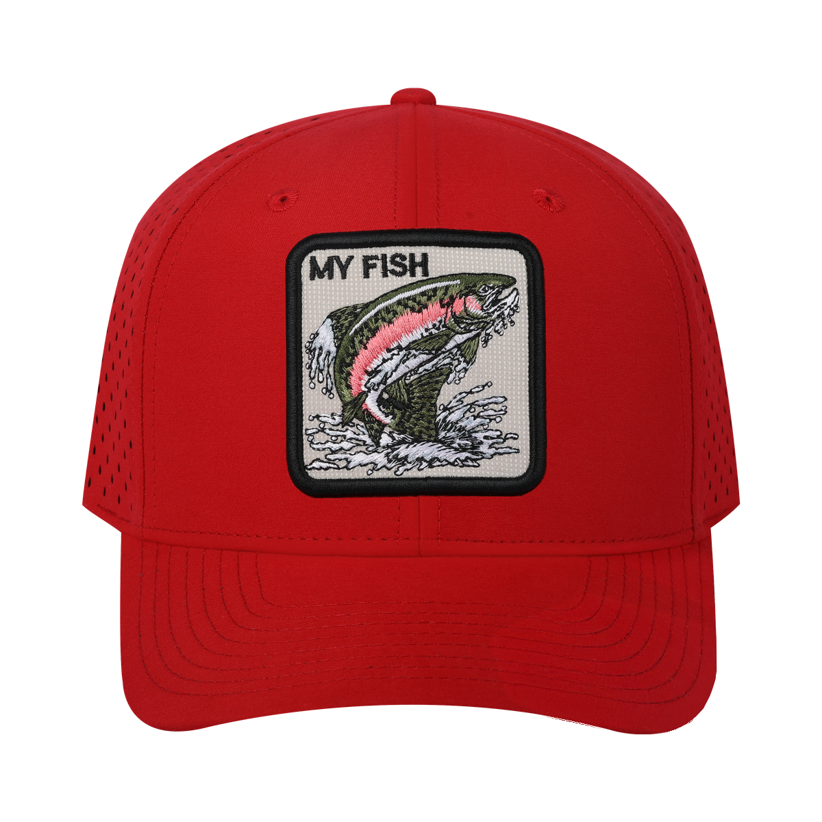 Unisex Embroidered The My Fish, 6-Panel Microfiber Laser hole Trucker Hat, Red/Red, Adjustable Fit