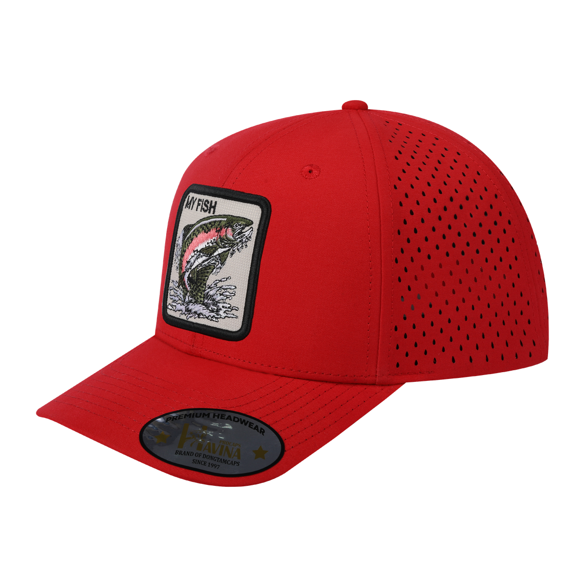 Unisex Embroidered The My Fish, 6-Panel Microfiber Laser hole Trucker Hat, Red/Red, Adjustable Fit