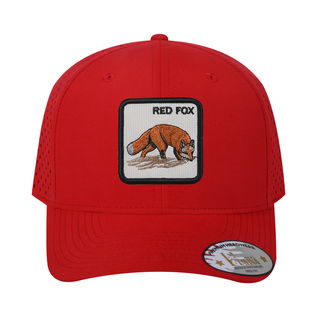 Unisex Embroidered The Red Fox, 6-Panel Microfiber Laser hole Trucker Hat, Red/Red, Adjustable Fit