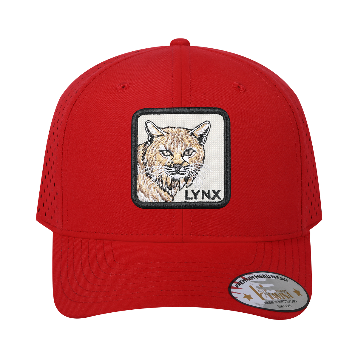 Unisex Embroidered The Lynx, 6-Panel Microfiber Laser hole Trucker Hat, Red/Red, Adjustable Fit