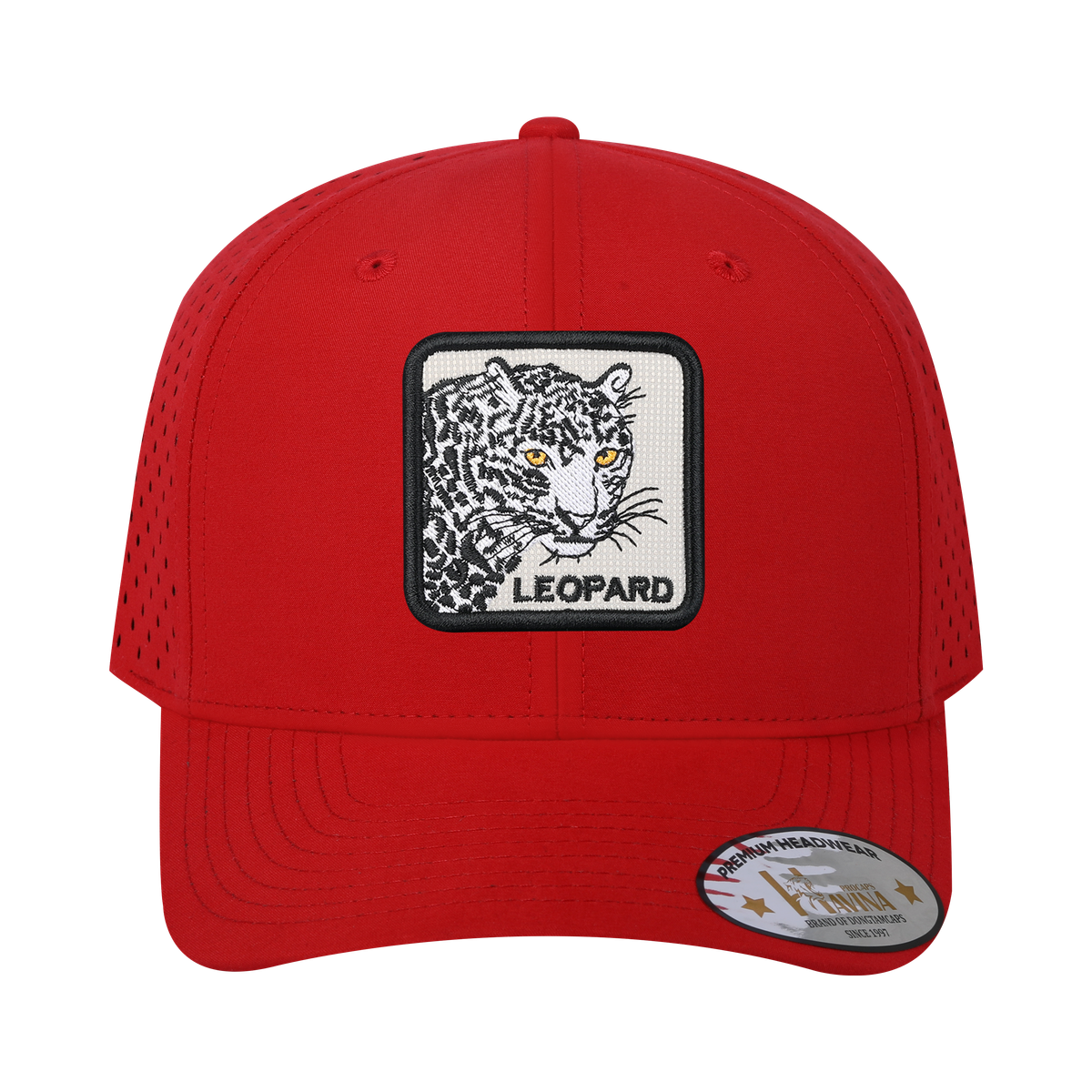 Unisex Embroidered The Leopard, 6-Panel Microfiber Laser hole Trucker Hat, Red/Red, Adjustable Fit