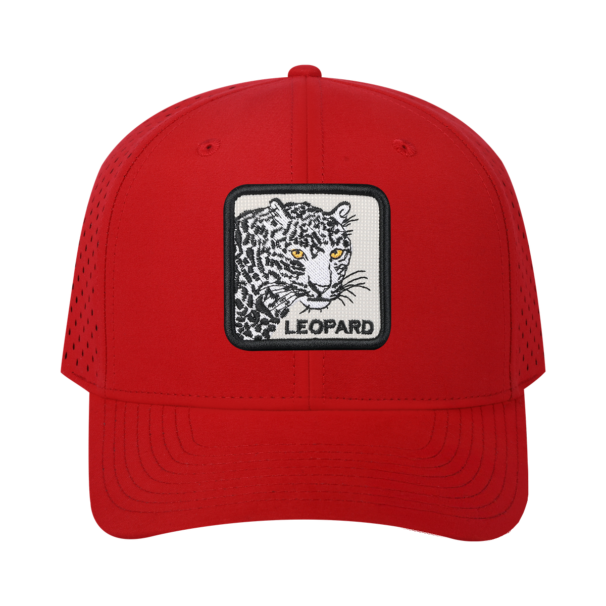 Unisex Embroidered The Leopard, 6-Panel Microfiber Laser hole Trucker Hat, Red/Red, Adjustable Fit
