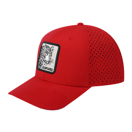 Leopard 6-Panel Microfiber Laser Hole Trucker Hat with Red front and Red back