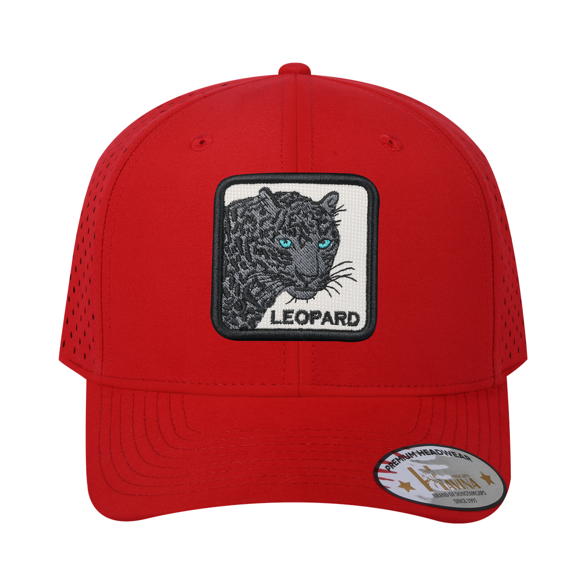 Unisex Embroidered The Leopard V2, 6-Panel Microfiber Laser hole Trucker Hat, Red/Red, Adjustable Fit