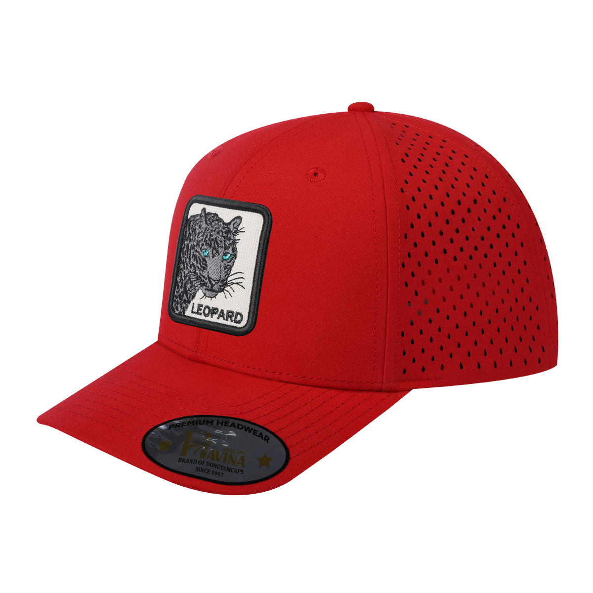 Unisex Embroidered The Leopard V2, 6-Panel Microfiber Laser hole Trucker Hat, Red/Red, Adjustable Fit