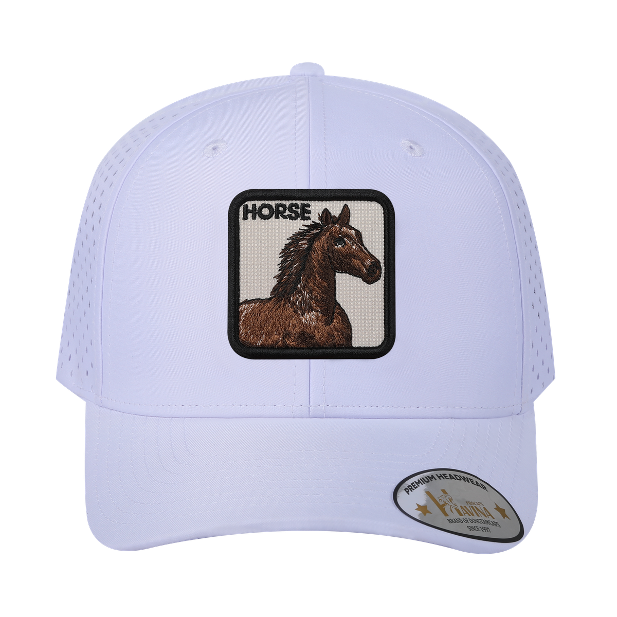 Unisex Embroidered The Horse, 6-Panel Microfiber Laser hole Trucker Hat, White/White, Adjustable Fit