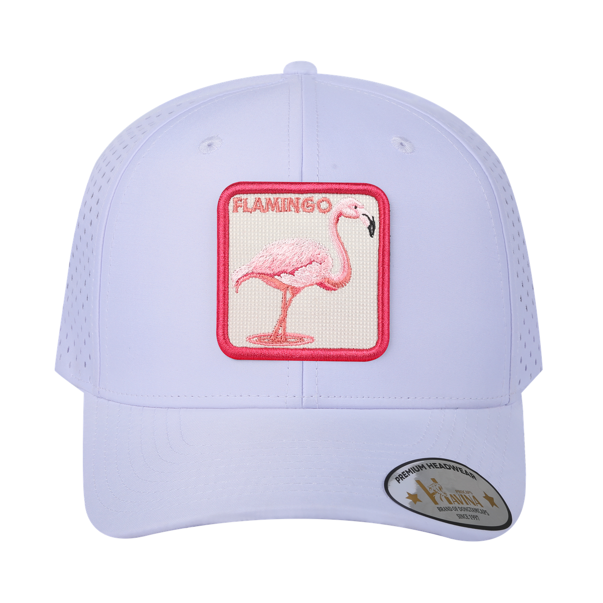 Unisex Embroidered The Flamingo, 6-Panel Microfiber Laser hole Trucker Hat, White/White, Adjustable Fit