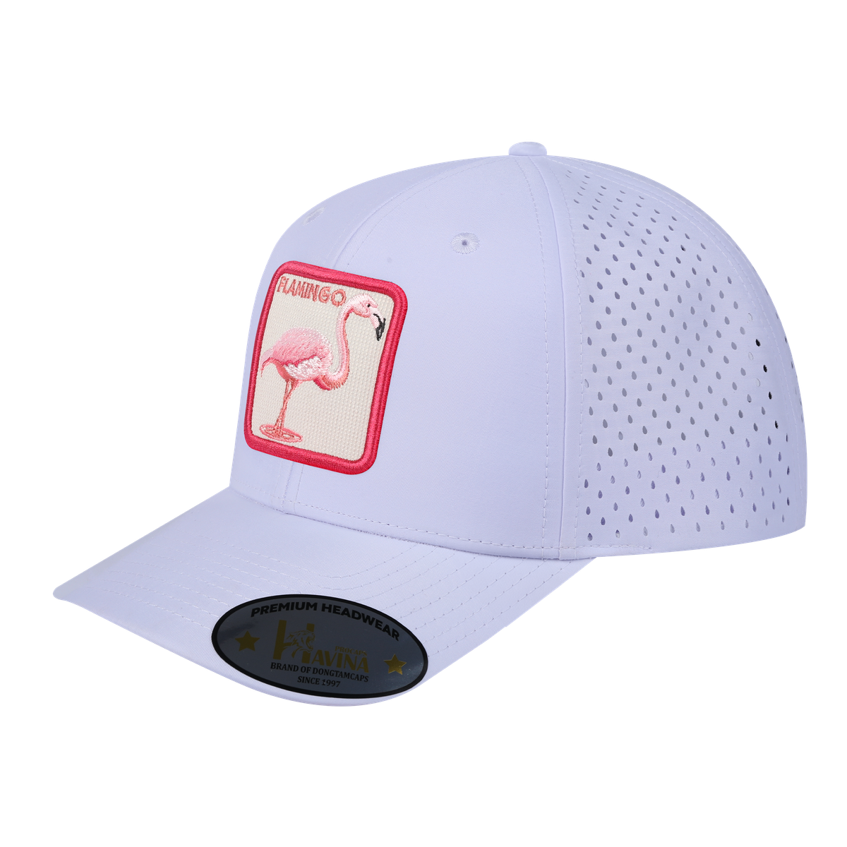Unisex Embroidered The Flamingo, 6-Panel Microfiber Laser hole Trucker Hat, White/White, Adjustable Fit