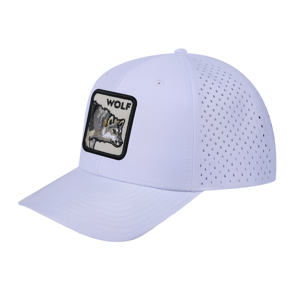 Unisex Embroidered The Wolf, 6-Panel Microfiber Laser hole Trucker Hat, White/White, Adjustable Fit