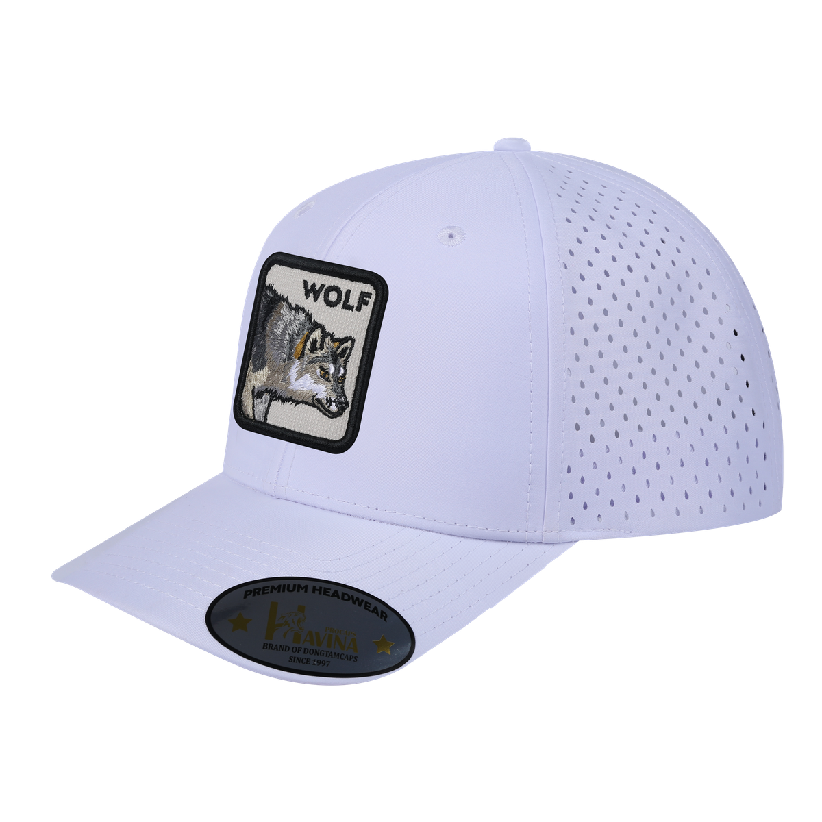 Unisex Embroidered The Wolf, 6-Panel Microfiber Laser hole Trucker Hat, White/White, Adjustable Fit