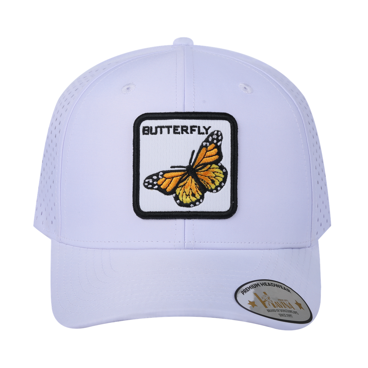 Unisex Embroidered The Butterfly, 6-Panel Microfiber Laser hole Trucker Hat, White/White, Adjustable Fit
