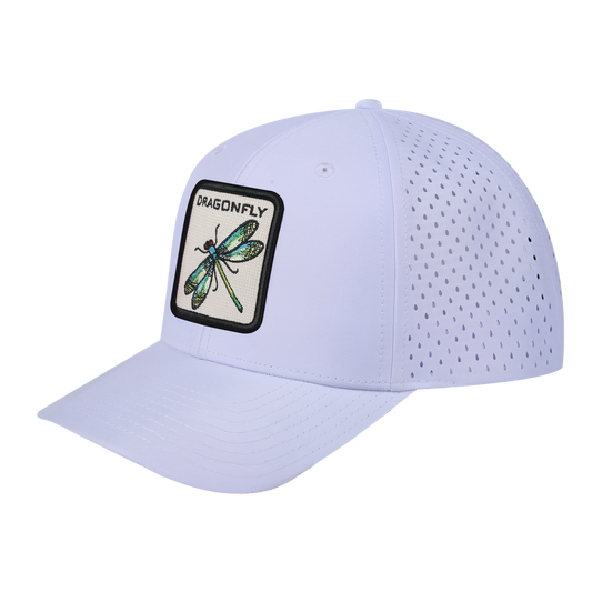 Dragonfly 6-Panel Microfiber Laser Hole Trucker Hat with White front and White back