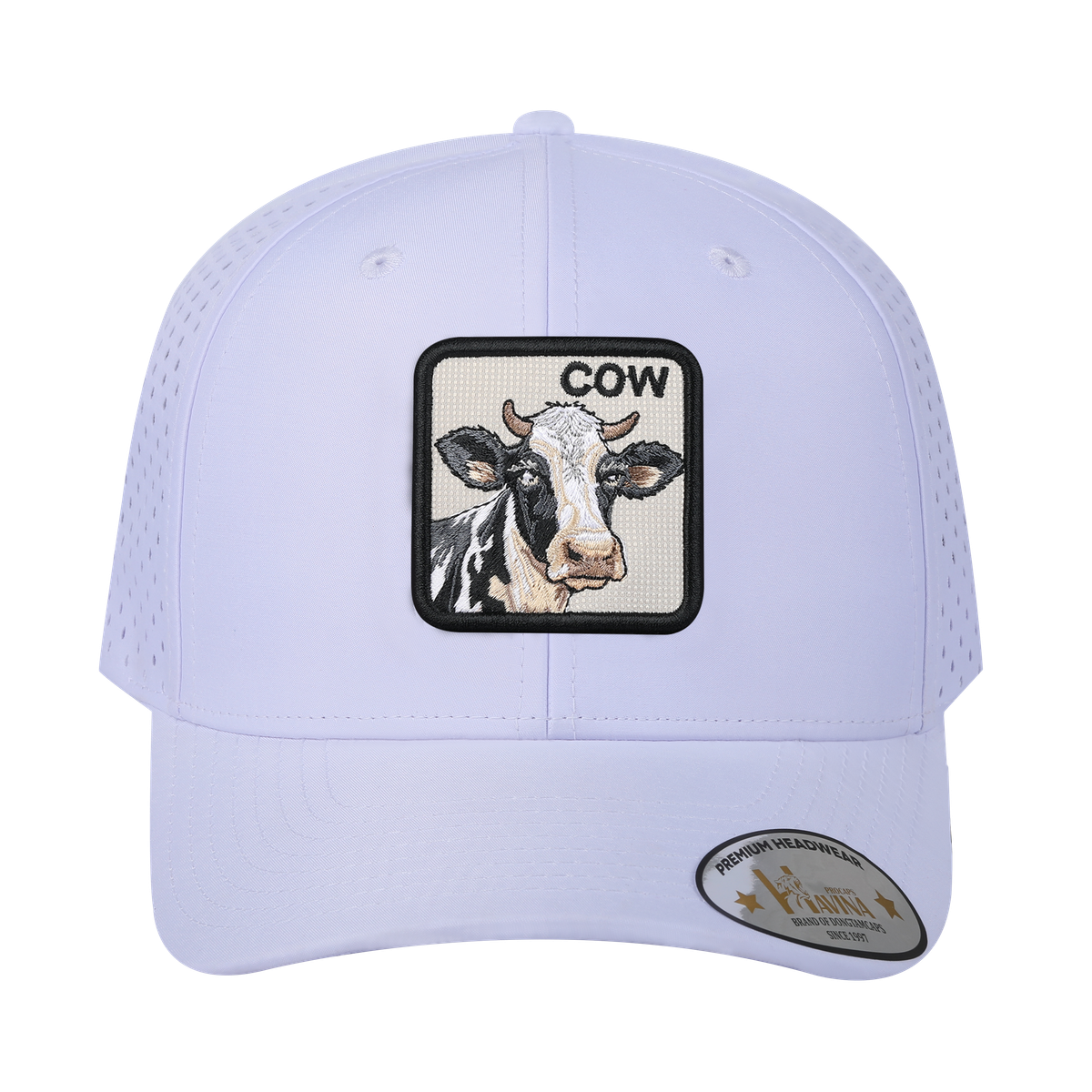 Unisex Embroidered The Cow, 6-Panel Microfiber Laser hole Trucker Hat, White/White, Adjustable Fit