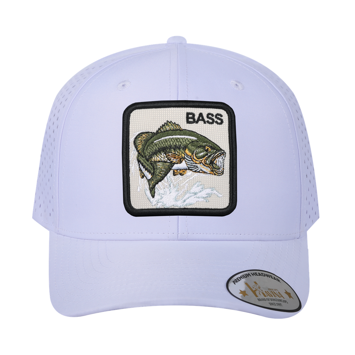 Unisex Embroidered The Bass, 6-Panel Microfiber Laser hole Trucker Hat, White/White, Adjustable Fit