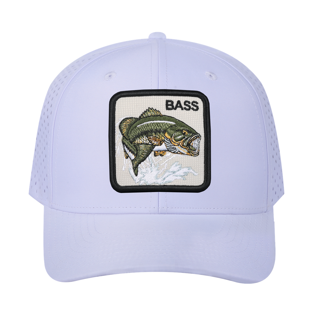 Unisex Embroidered The Bass, 6-Panel Microfiber Laser hole Trucker Hat, White/White, Adjustable Fit
