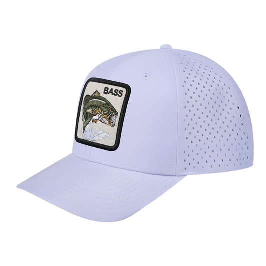 Bass 6-Panel Microfiber Laser Hole Trucker Hat with White front and White back