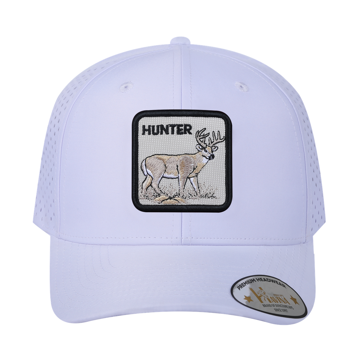 Unisex Embroidered The Hunter, 6-Panel Microfiber Laser hole Trucker Hat, White/White, Adjustable Fit