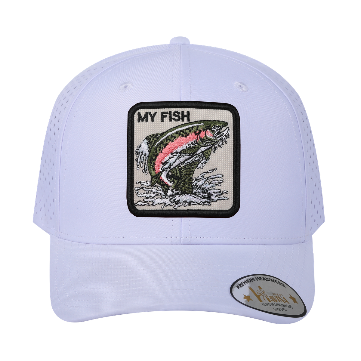 Unisex Embroidered The My Fish, 6-Panel Microfiber Laser hole Trucker Hat, White/White, Adjustable Fit