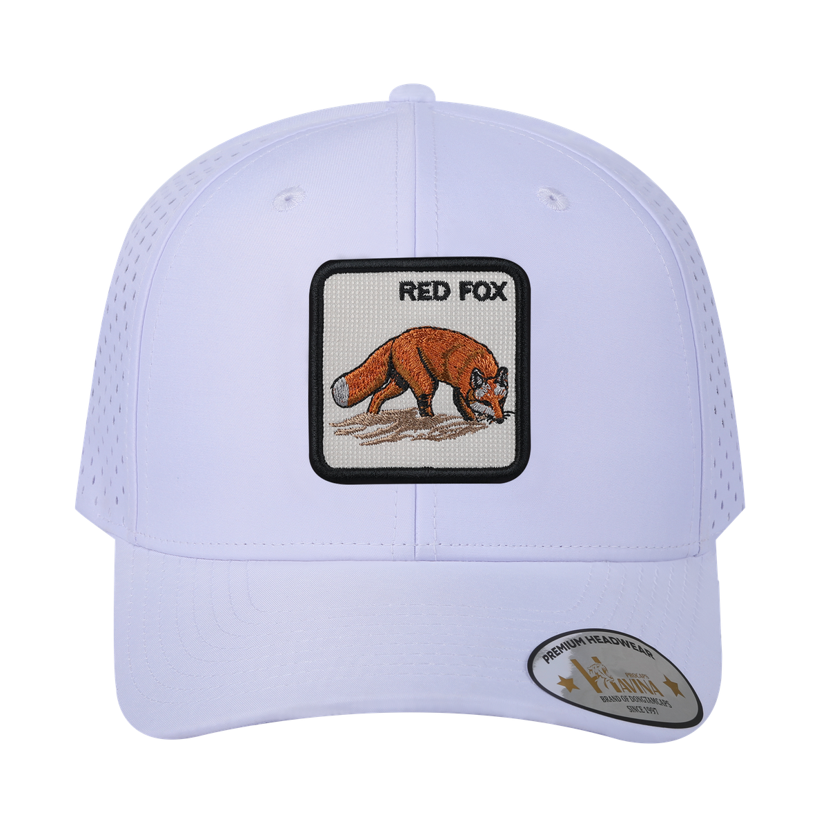 Unisex Embroidered The Red Fox, 6-Panel Microfiber Laser hole Trucker Hat, White/White, Adjustable Fit