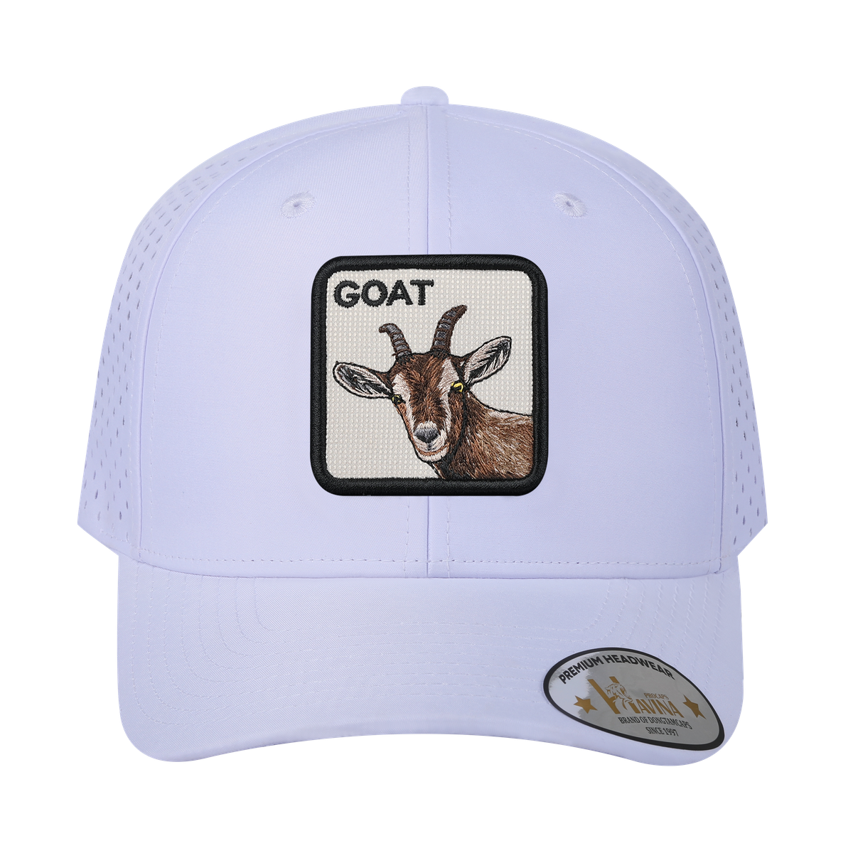 Unisex Embroidered The Goat, 6-Panel Microfiber Laser hole Trucker Hat, White/White, Adjustable Fit