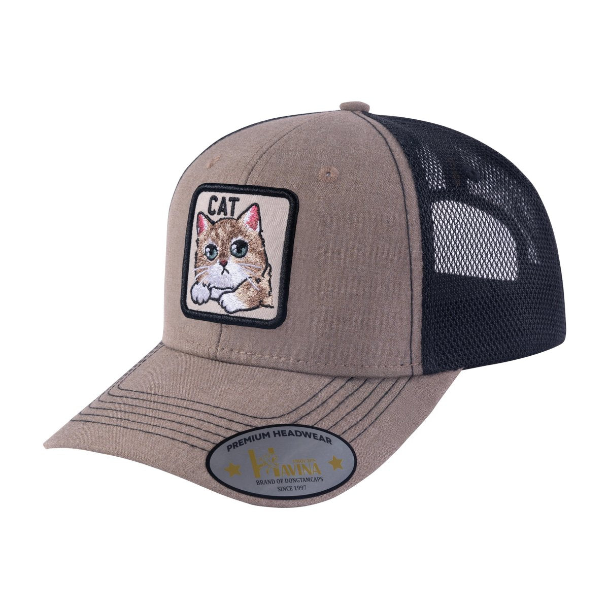 Unisex Embroidered The Cat, 6-Panel Trucker Hat, Light Brown/Black, Adjustable Fit