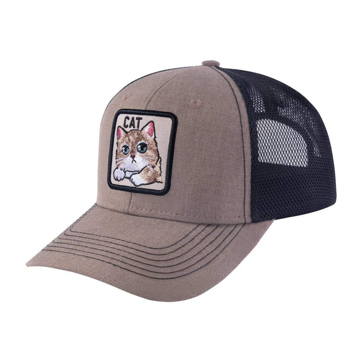 Unisex Embroidered The Cat, 6-Panel Trucker Hat, Light Brown/Black, Adjustable Fit