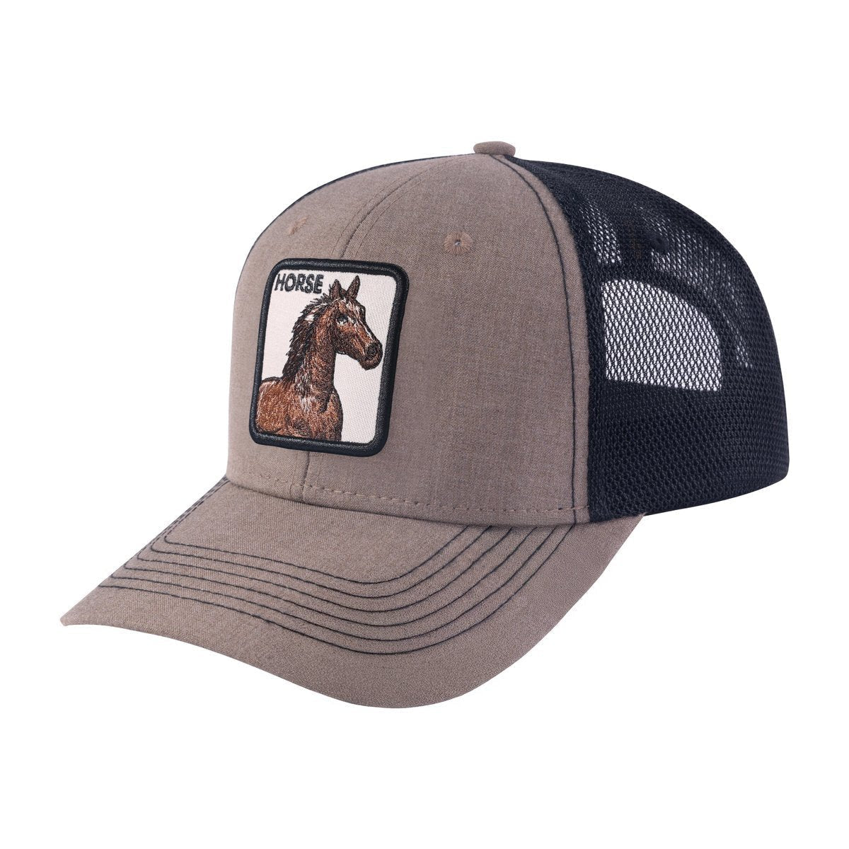 Unisex Embroidered The Horse, 6-Panel Trucker Hat, Light Brown/Black, Adjustable Fit