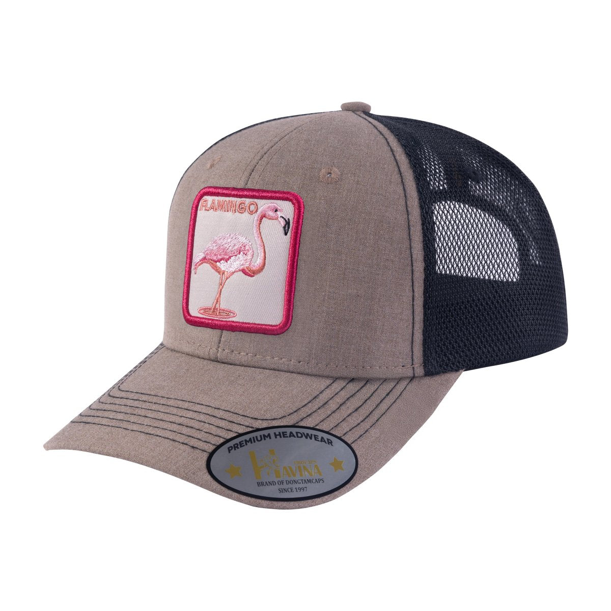 Unisex Embroidered The Flamingo, 6-Panel Trucker Hat, Light Brown/Black, Adjustable Fit