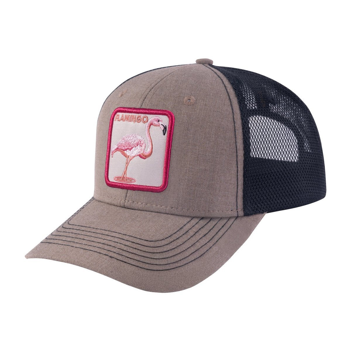 Unisex Embroidered The Flamingo, 6-Panel Trucker Hat, Light Brown/Black, Adjustable Fit