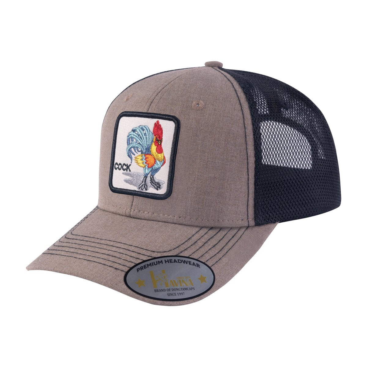 Unisex Embroidered The Cock, 6-Panel Trucker Hat, Light Brown/Black, Adjustable Fit