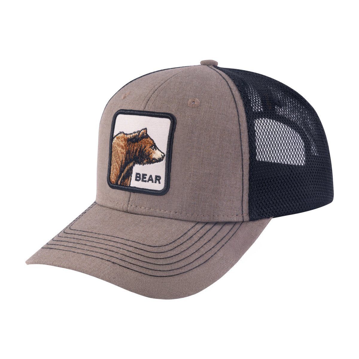 Unisex Embroidered The Bear, 6-Panel Trucker Hat, Light Brown/Black, Adjustable Fit